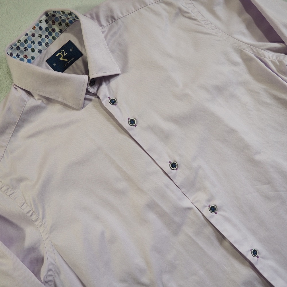 R2 Amsterdam Sz 39/15.5 Men's Light Lavender Shirt Printed Collar/Cuff Trim